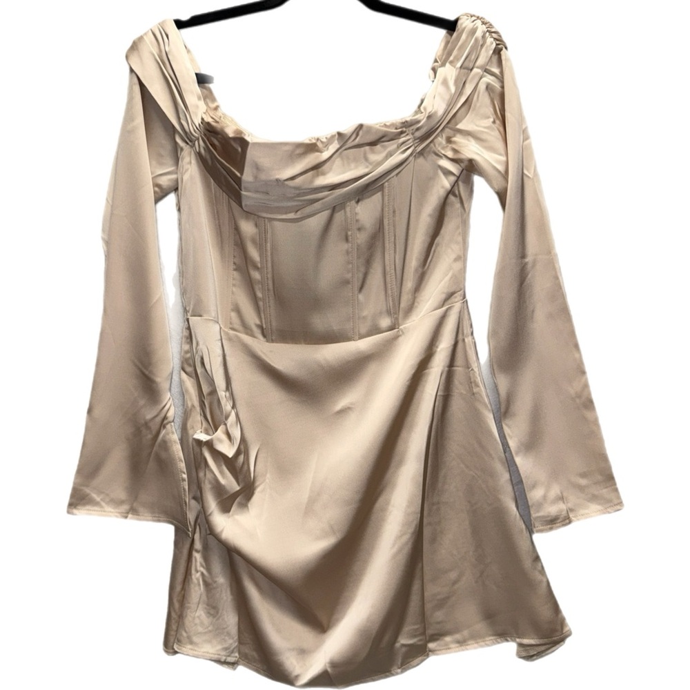 PrettyLittleThing - Champagne Satin Bardot Pleated Off Shoulder Dress - Size 8 - Picture 2 of 6